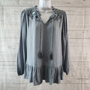 Knox Rose Embroidered Long Sleeve Peplum Tunic Top